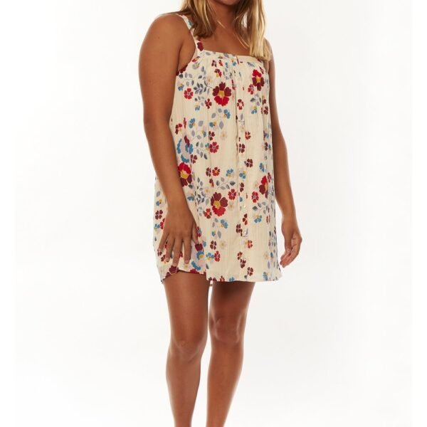 Sisstr Wind Star Dress in Sea Salt with floral accents, mini tank style, square neck, eco crinkle fabric. Lightweight and perfect for spring.