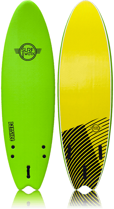 Alder Surfworx Banshee Hybrid 6'6 softboard in vibrant green and yellow design.