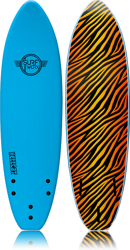 Alder Surfworx Hellcat Mini Mal 6'6 softboard with blue deck and tiger stripe bottom.