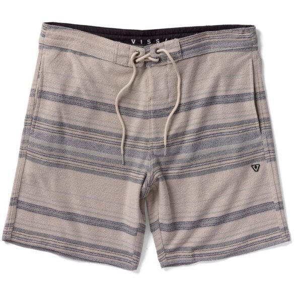 Vissla Camalu 18.5" Sofa Surfer walkshort in bone with striped design, front view.