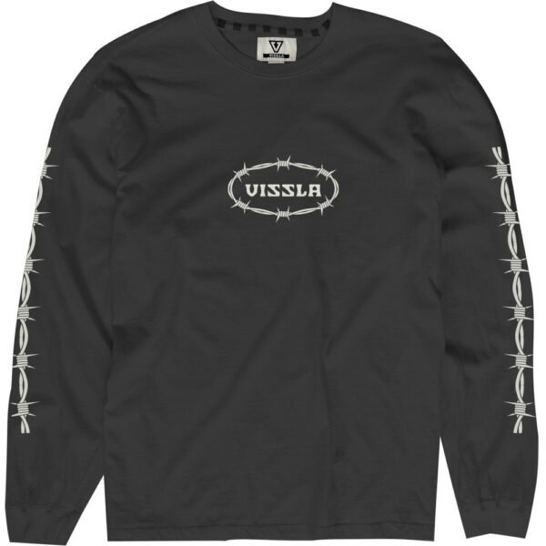 Vissla Trespassers Boys LS Tee in black with barbed wire sleeve design.