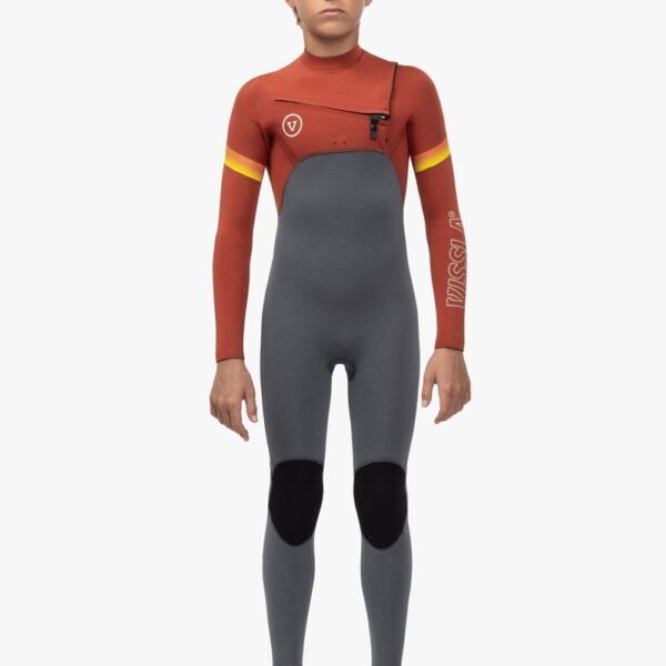Vissla 7 Seas Boys Raditude 3-2 full chest zip wetsuit, front view.