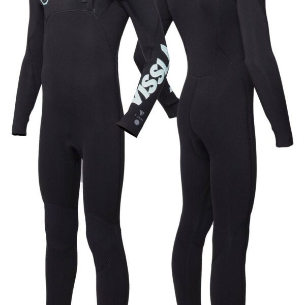 Vissla 7 Seas Boys 4-3 Full Chest Zip wetsuit in black, front and back view.