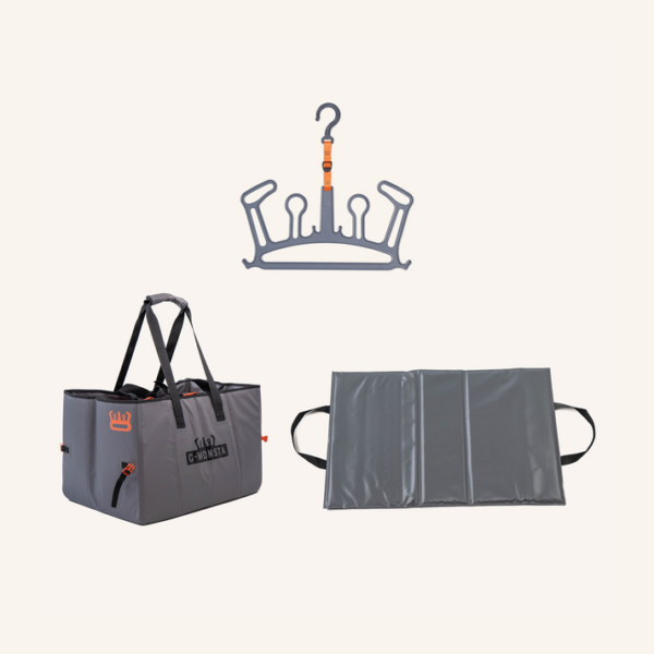 C-monsta bundle with gray bag, hanger, and foldable mat.