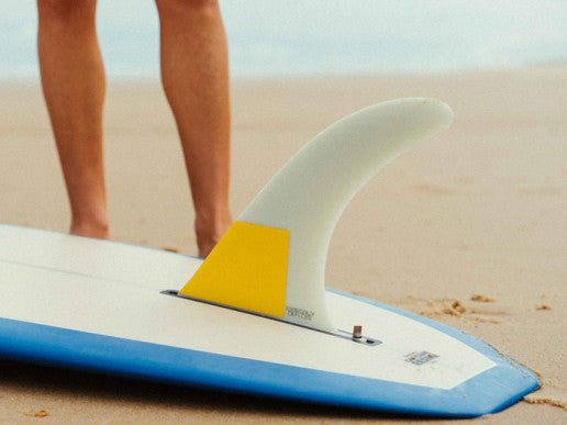 Close-up of a longboard fin on a surfboard at the beach.