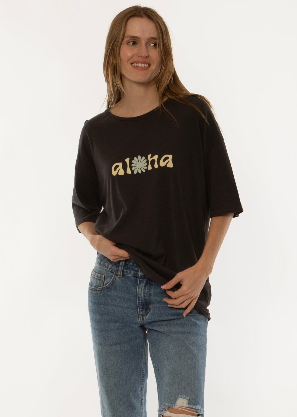 Sisstrevolution Aloha SS Knit Slouch Tee in charcoal with floral graphic.