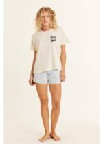 Sisstrevolution Retro Beach Boyfriend Knit Tee with palm tree print on chest, modeled with denim shorts.