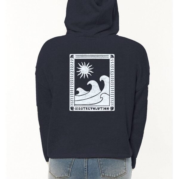 Back view of Sisstr High Seas Ls Crop Flc Hoodie in navy with wave and sun graphic.