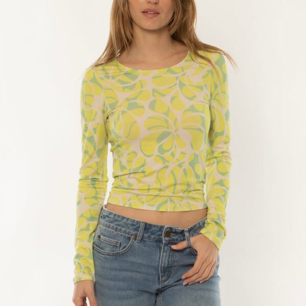 Sisstrevolution Skyscape LS Knit in Palm Lime, front view of long-sleeve ladies top.
