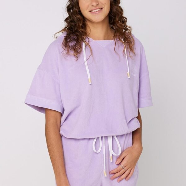 Sisstrevolution Aurora Hooded Fleece in Soft Orchid, short-sleeve loungewear set.