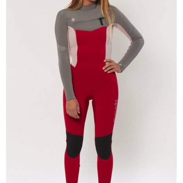 Sisstrevolution 7 Seas 3/2 chest full wetsuit in red with gray sleeves, front view.