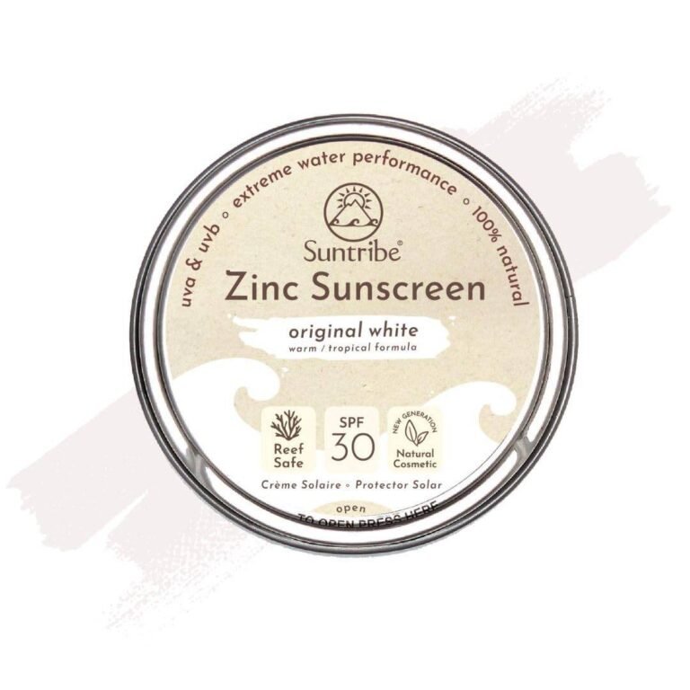 Suntribe zinc sunscreen SPF 30, 100% natural, reef-safe, original white.