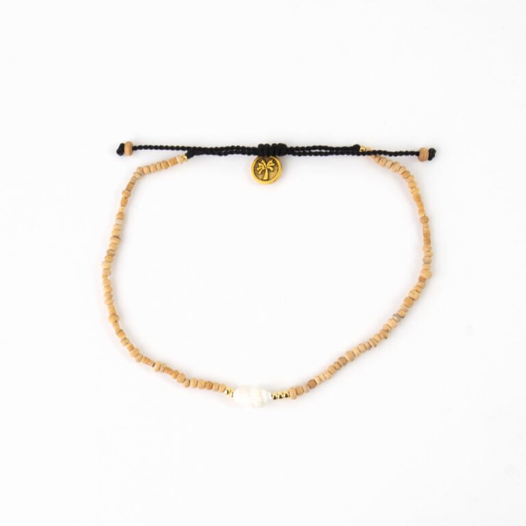 Pineapple Island Long Beach Anklet LBE-047 with beige beads and black adjustable cord.