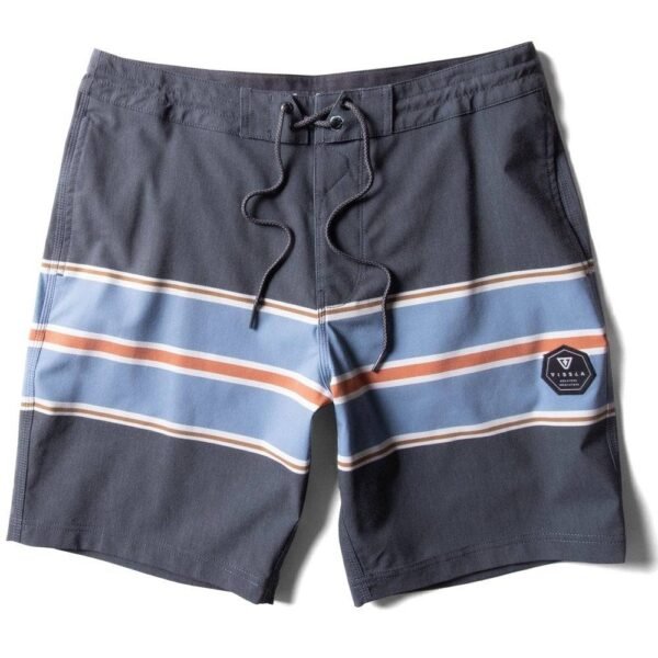 Vissla Free Lap 18.5" boardshort in phantom with striped design, front view.