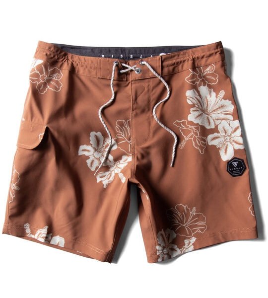 Vissla Byebiscus Boardshort in terracotta with floral print, front view.