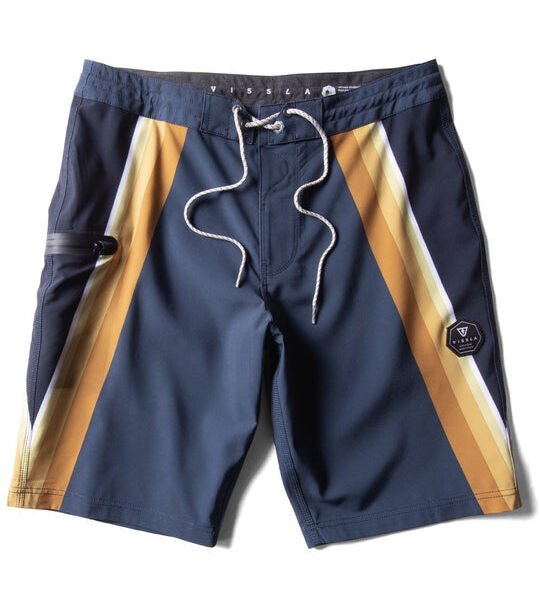 Vissla Recline 20.5" boardshort in dark denim with yellow and white stripes.