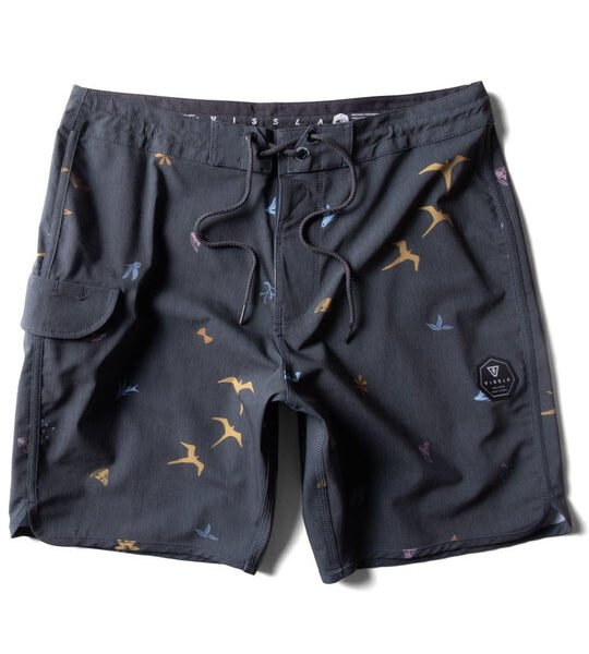 Vissla Miyashiro Island Stargazer Boardshort in Phantom with bird print design.