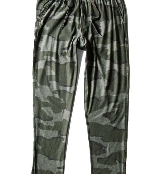 Vissla Comp Lite Eco Elastic Pant in camo pattern, front view.