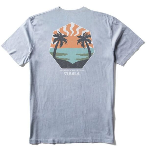 Vissla Psychedelic Palms Tee in stone blue with palm tree graphic on back.