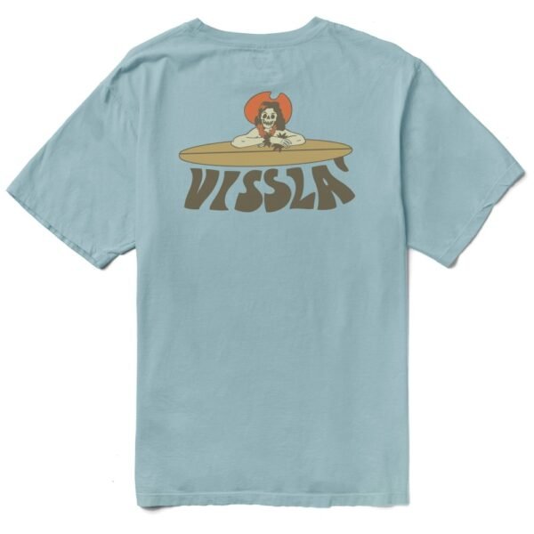 Back view of Vissla Soren Lady Shred Organic Tee in stone blue with graphic design.