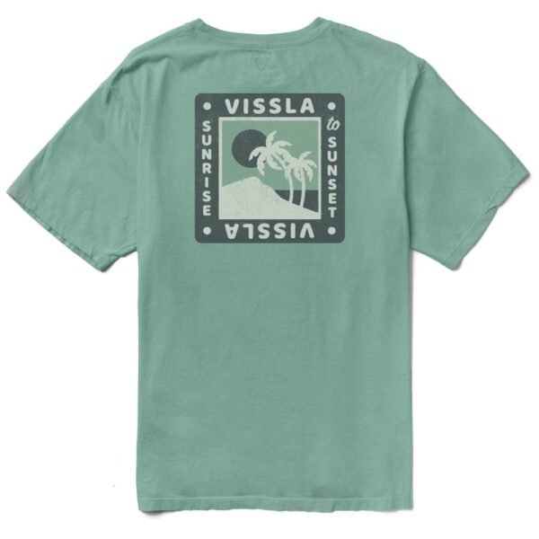 Vissla Sunrise Organic Tee in jade with back graphic of palm trees.