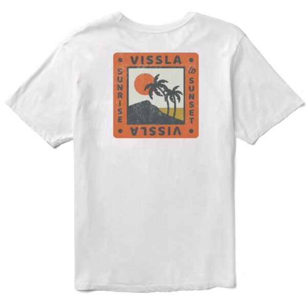 Vissla Sunrise Organic Tee in white with back graphic of palm trees and sunset.