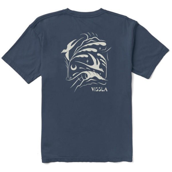 Back view of Vissla Miyashiro Swell Seekers Organic Tee in dark denim with artistic graphic design.