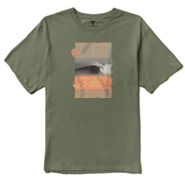 Vissla Foam Ball Organic Tee in surplus green with surf-inspired graphic.