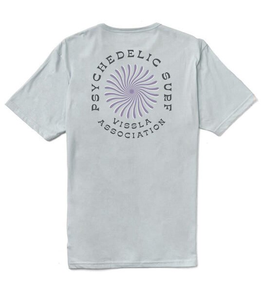 Vissla Psycho Surf tee in Grey Mist with psychedelic back graphic.