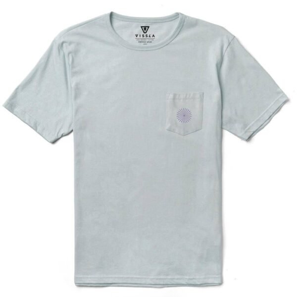 Vissla Psycho Surf Organic Pkt Tee in grey mist, front view with pocket detail.