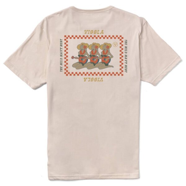 Back view of Vissla Soren Serenade Organic Pkt Tee in bone color with graphic design.