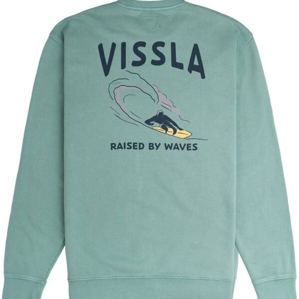 Vissla Raised By Waves Crew Fleece in smokey jade, back design with surf graphic.