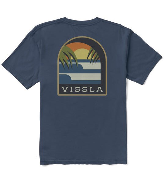 Vissla Out The Window PKT Tee in navy with sunset graphic on back.