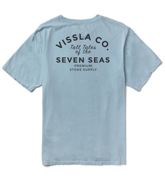 Vissla Premium Stoke PKT Tee in chambray with back graphic design.