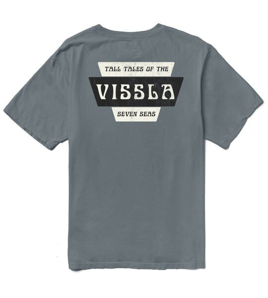 Back view of Vissla Stacks Premium PKT Tee in graphite with bold graphic design.