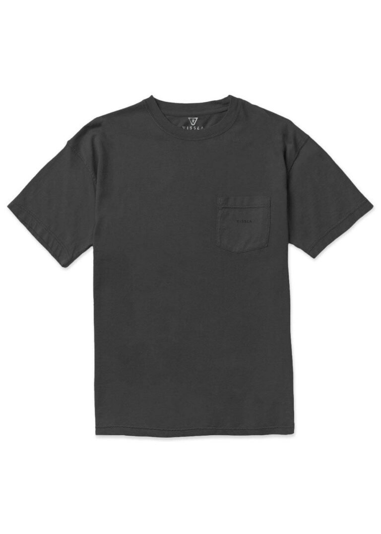 Vintage Vissla premium organic tee in black, front view with pocket.