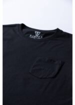 Close-up of Vintage Vissla premium organic tee pocket and neckline details.