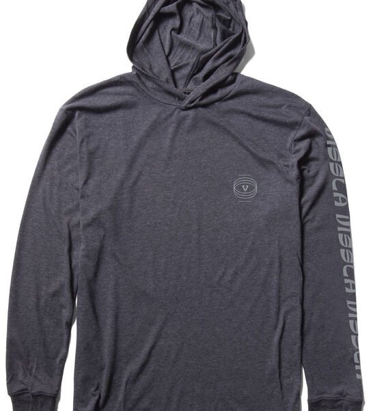 Vissla High Frequency Comp Lite Eco LS Hooded Tee in Black Heather, front view.