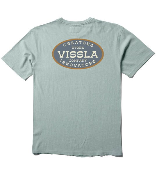 Vissla Buckled Tee in Agave green with back screen print featuring 'Creators Stoke Company Innovators' design. Modern fit, 100% cotton.