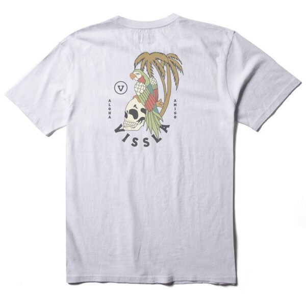 Vissla Parrodise SS PKT Tee in white with tropical skull graphic on back.