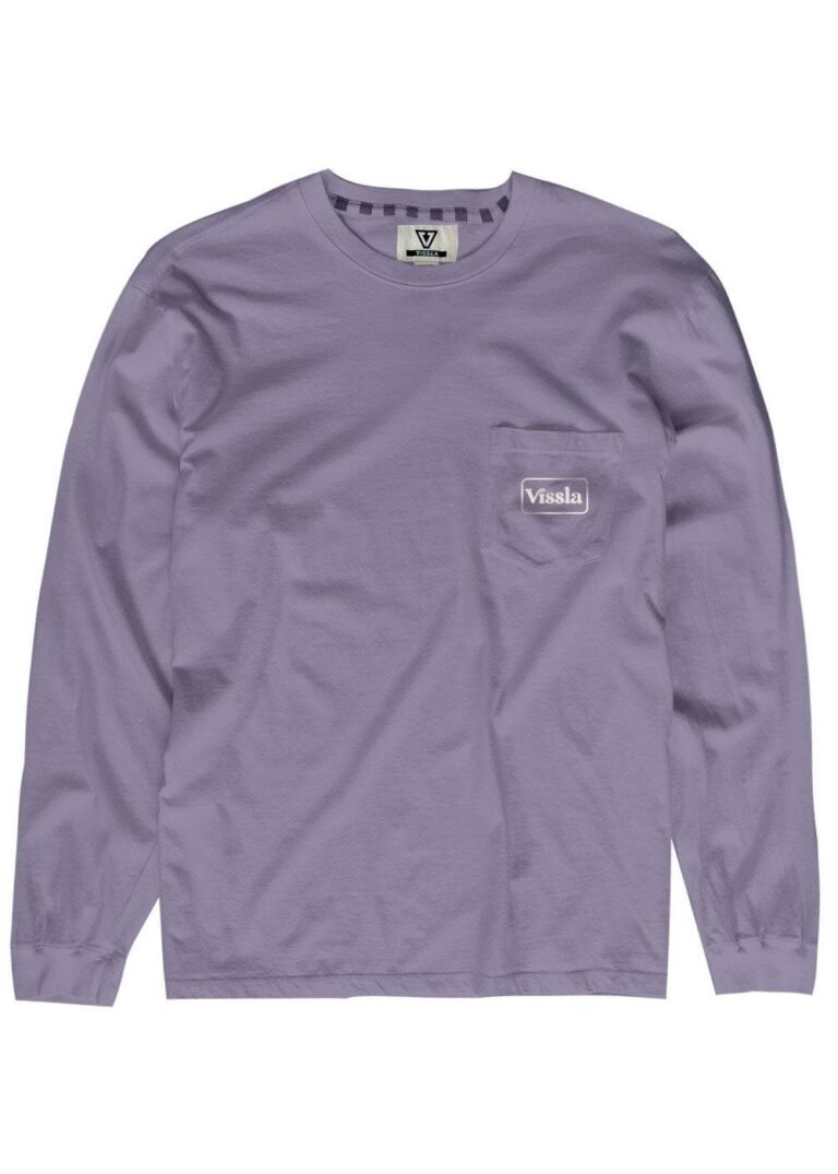 Vissla Coastwide long sleeve pocket tee in dusty lilac, front view.