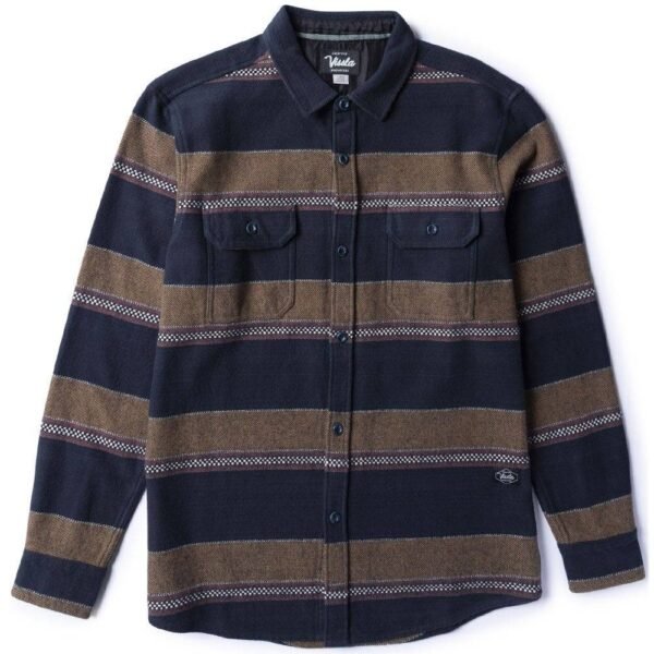 Vissla Creators Innovators Eco LS Flannel with striped design, front view.