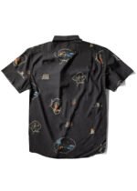 Vissla Soren Wavy West Eco short sleeve shirt in black with unique graphic prints, back view.