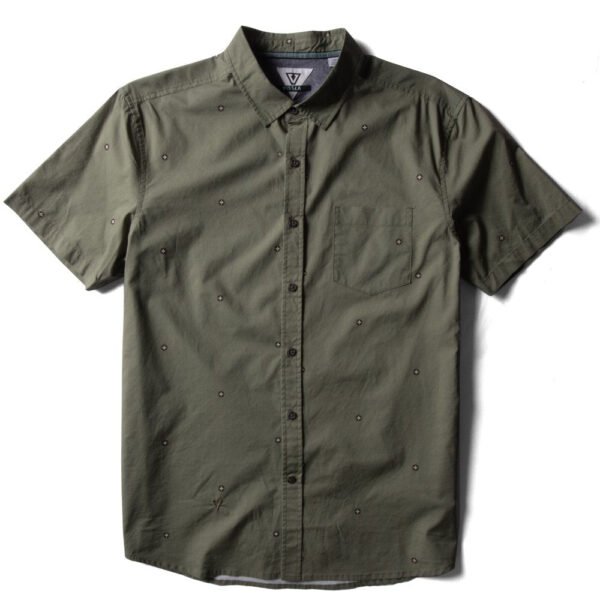 Vissla Sundial Eco short sleeve shirt in olive green with subtle pattern, front view.