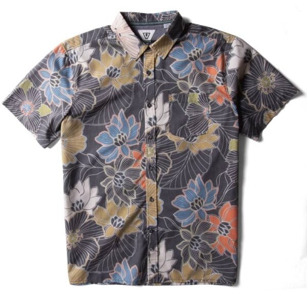 Vissla Chuns Eco SS Shirt in black with vibrant floral design, front view.