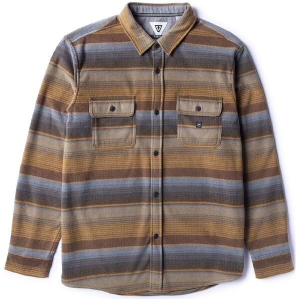 Vissla Eco-Zy Polar Flannel in khaki with striped design, front view.