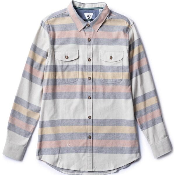 Vissla Central Coast Eco LS Flannel in bone with striped design, front view.