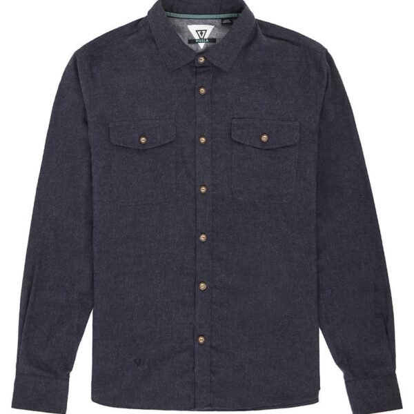Vissla Go To Shirt in charcoal, long sleeve with button-up front and chest pockets.