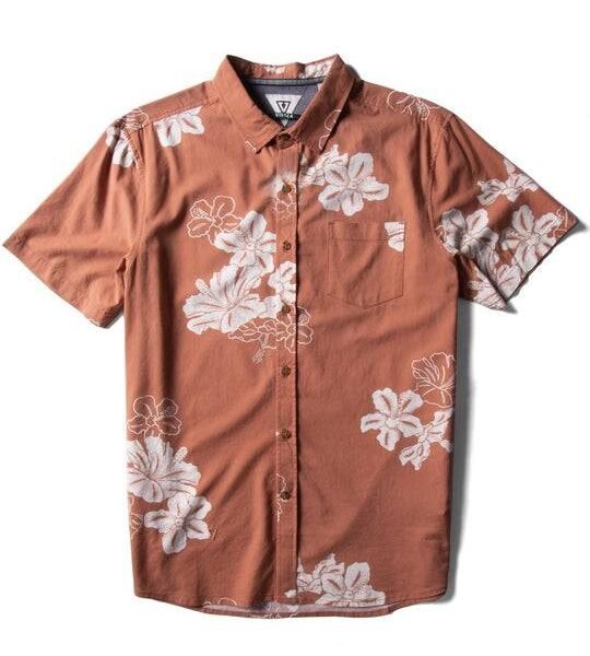 Vissla Byebiscus Eco SS Shirt in terracotta with floral print, front view.