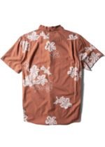 Vissla Byebiscus Eco SS Shirt in terracotta with floral print, back view.